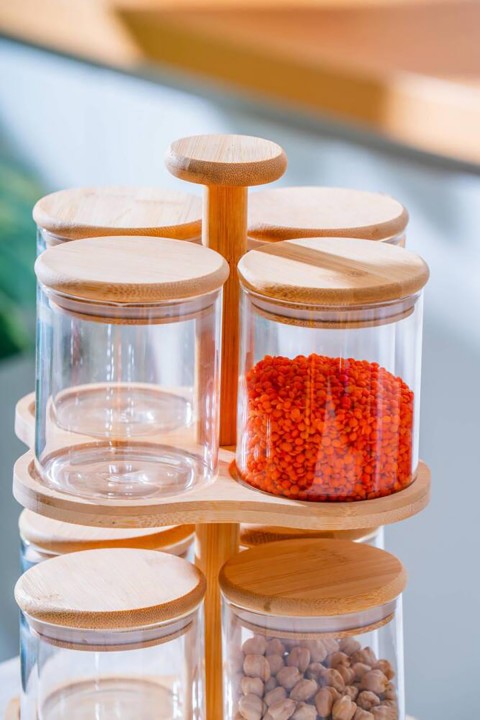 Acar Malibu Bambu Standlı 8 li Borosilikat Cam Baharatlık Seti LND-07586