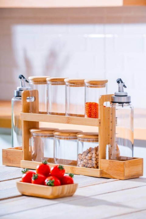 Acar Malibu Bambu Standlı 9 lu Boroslikat Cam Baharatlık Seti LND-07578