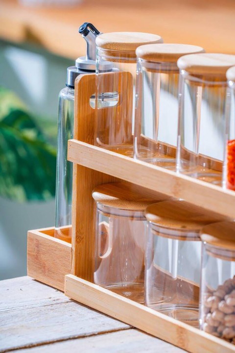 Acar Malibu Bambu Standlı 9 lu Boroslikat Cam Baharatlık Seti LND-07578