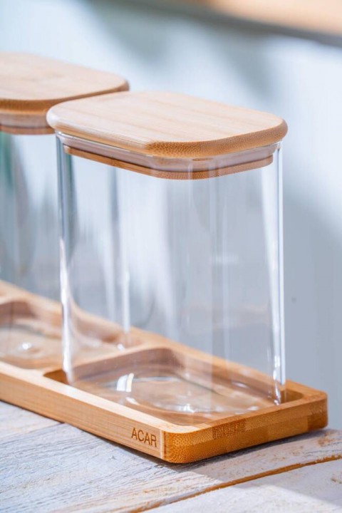 Acar Malibu Bambu Standlı dikdörtgen 3 lü Borosilikat Cam Baharatlık Seti LND-07583