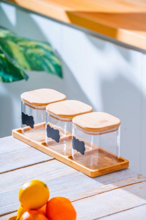 Acar Malibu Bambu Standlı Kare 3 lü Borosilikat Cam Baharatlık Seti LND-07581