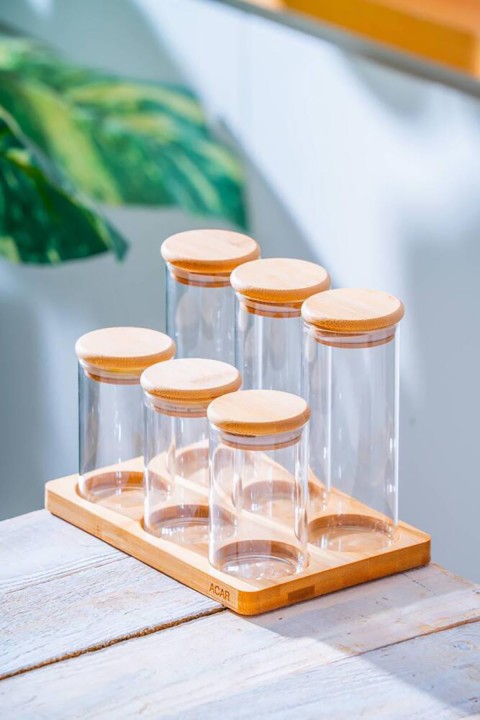 Acar Malibu Bambu Standlı Yuvarlak 6 lı Cam Baharatlık Seti LND-07562