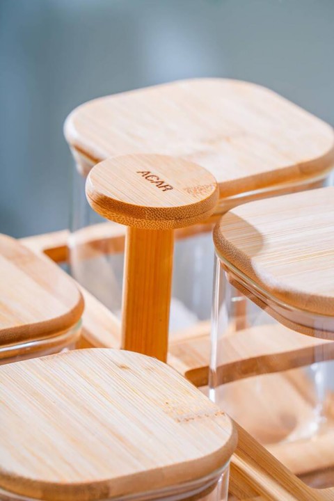 Acar Malibu Bambu Tutma Standlı 4 lü Cam Baharatlık Seti LND-07558