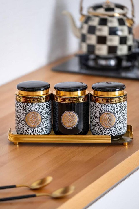 Acar Sonia Suri Leopar Detaylı 4 Parça Cam Tepsili Kavanoz Seti KOH-05018