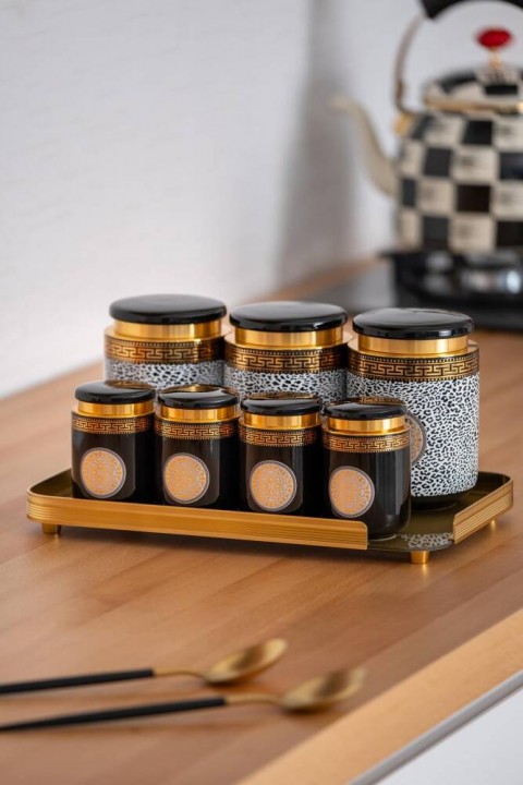 Acar Sonia Suri Leopar Detaylı 8 Parça Cam Tepsili Kavanoz Seti KOH-05015