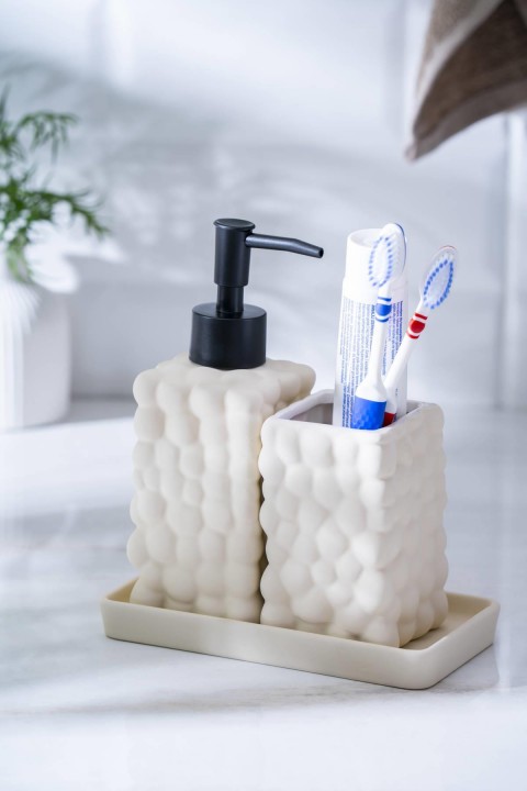 Acar Vega 3 Parça Sıvı Sabunluk Ve Diş Fırçalık Seti 18 cm -Krem SABJ-06989