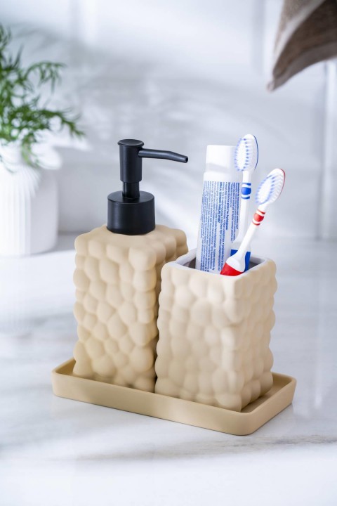 Acar Vega 3 Parça Sıvı Sabunluk Ve Diş Fırçalık Seti 18 cm -Bej SABJ-06989