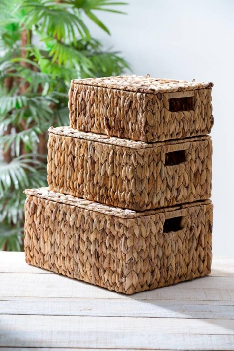 Acar Wicker 3 lü Dekoratif Kapaklı Hasır Sepet ACR-314