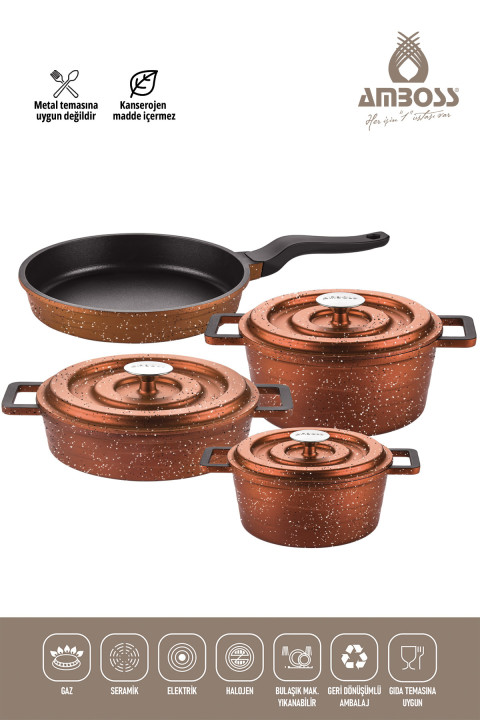 Amboss 7 Parça Copper Döküm Tencere Seti - Bakır