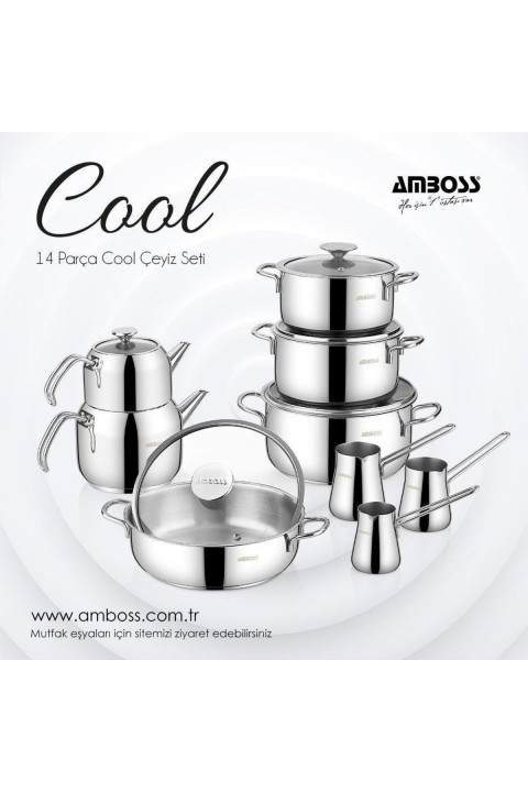 Amboss Cool 14 Parça Paslanmaz Çelik Indüksiyon Tabanlı Çeyiz Seti - Gümüş