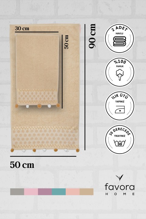 Bella Ponponlu 2'li El Yüz Havlusu - Bej