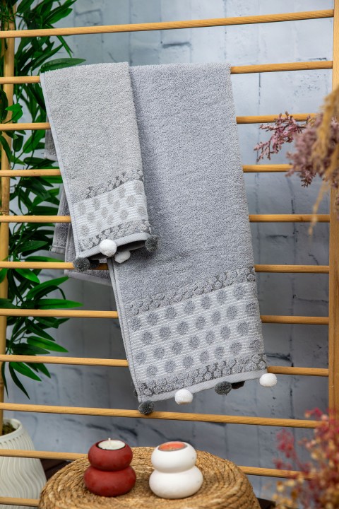 Bella Ponponlu 2'li El Yüz Havlusu - Gri