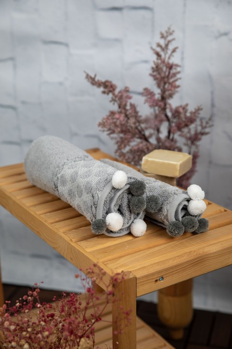 Bella Ponponlu 2'li El Yüz Havlusu - Gri