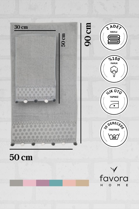 Bella Ponponlu 2'li El Yüz Havlusu - Gri