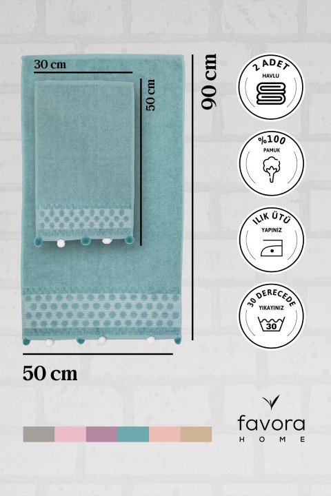 Bella Ponponlu 2'li El Yüz Havlusu - Yeşil