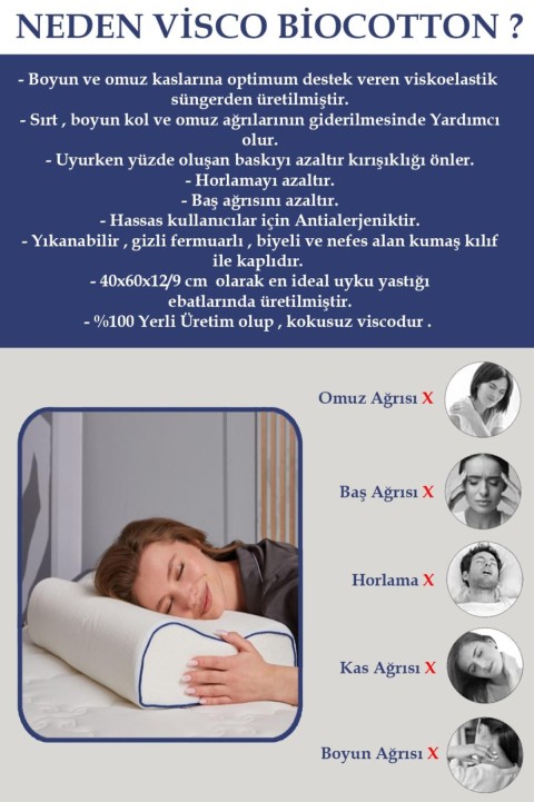 Biocotton Boyun Destekli Ortopedik Visco Yastık 60x40 cm