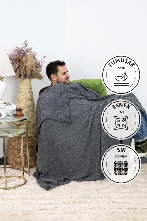 Biocotton Triko Ponponlu Örgü Tv Battaniyesi - Antrasit