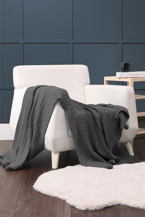 Biocotton Triko Ponponlu Örgü Tv Battaniyesi - Antrasit