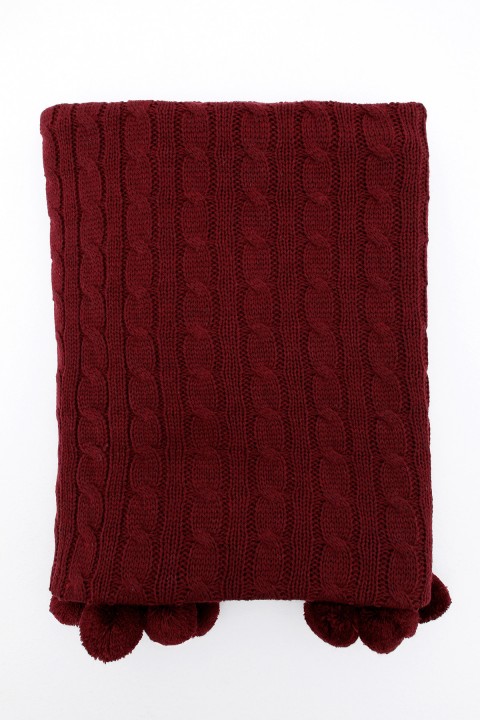 Biocotton Triko Ponponlu Örgü Tv Battaniyesi - Bordo