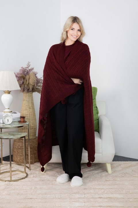 Biocotton Triko Ponponlu Örgü Tv Battaniyesi - Bordo