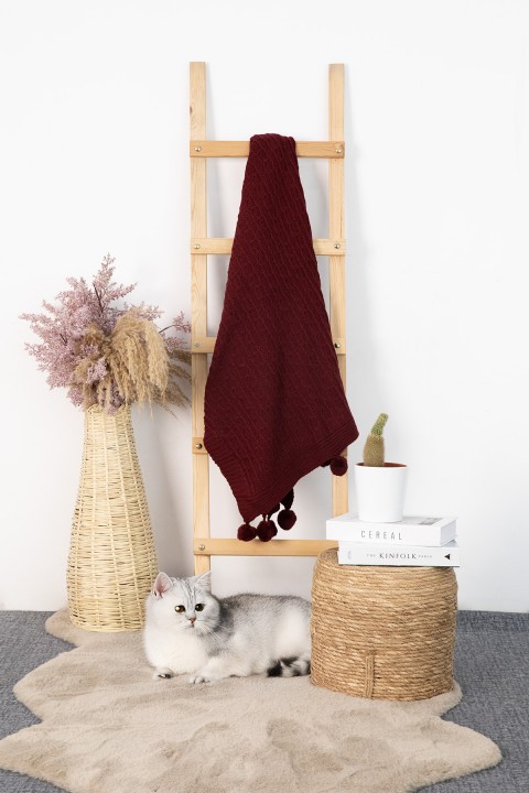Biocotton Triko Ponponlu Örgü Tv Battaniyesi - Bordo