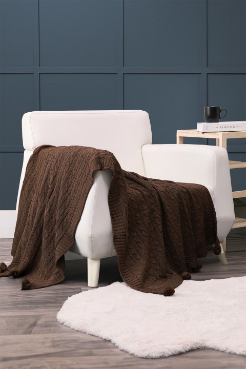Biocotton Triko Ponponlu Örgü Tv Battaniyesi - Kahverengi