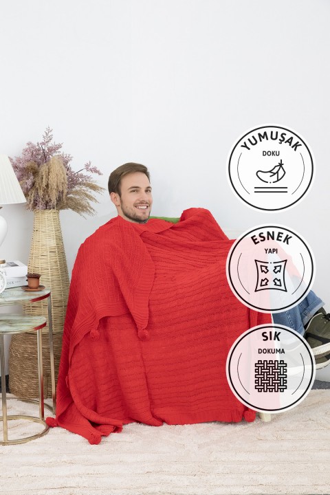 Biocotton Triko Ponponlu Örgü Tv Battaniyesi - Kırmızı