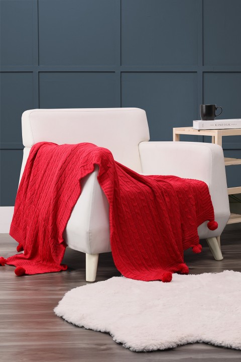 Biocotton Triko Ponponlu Örgü Tv Battaniyesi - Kırmızı
