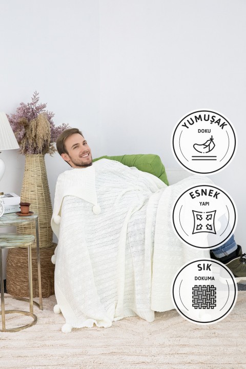Biocotton Triko Ponponlu Örgü Tv Battaniyesi - Krem
