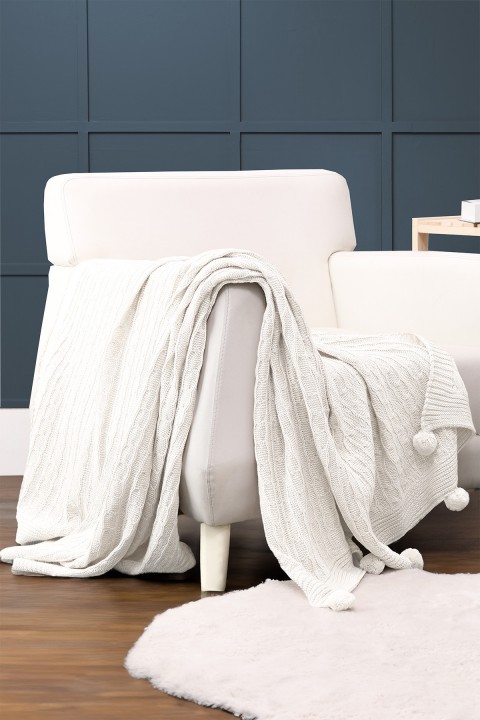 Biocotton Triko Ponponlu Örgü Tv Battaniyesi - Krem