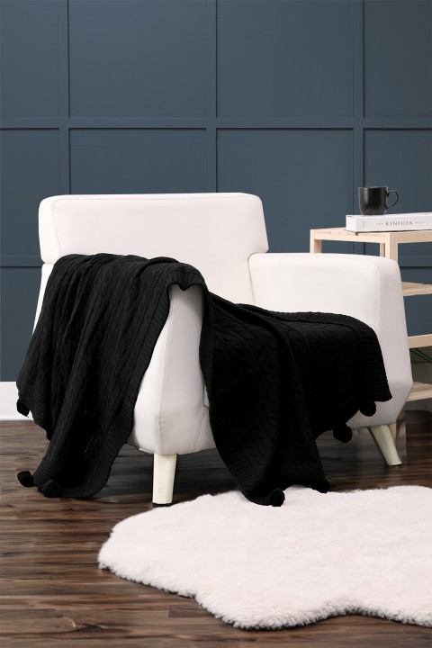 Biocotton Triko Ponponlu Örgü Tv Battaniyesi - Siyah