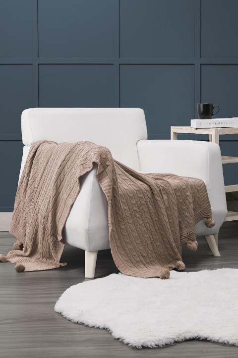 Biocotton Triko Ponponlu Örgü Tv Battaniyesi - Vizon