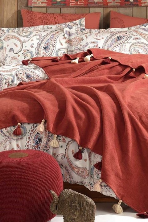 Boho Chic Çift Kişilik Püsküllü Battaniyeli Nevresim Takımı - Tarçın