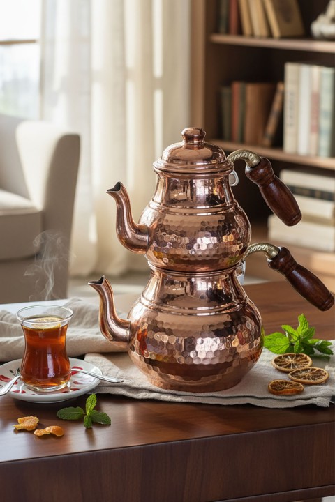 Cooker BK-092 Bakır Dövme Desen Çaydanlık Takımı Büyük