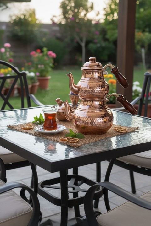 Cooker BK-092 Bakır Dövme Desen Çaydanlık Takımı Büyük