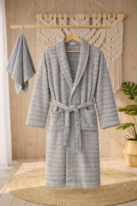 Cottowels Battal Boy 6 Parça %100 Pamuk Aile Bornoz Seti - Gri - Krem