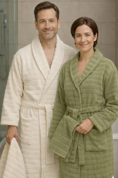 Cottowels Battal Boy 6 Parça %100 Pamuk Aile Bornoz Seti - Yeşil - Krem