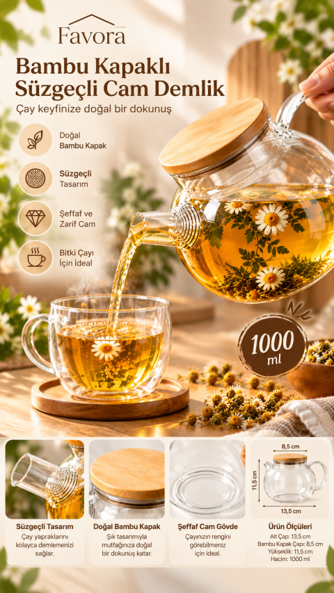 Favora Bambu Kapaklı Süzgeçli Cam Demlik 1000 ml