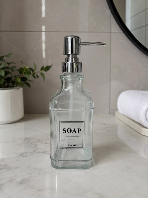 Favora Gümüş Kapaklı Cam Kare Sıvı Sabunluk 500 Ml