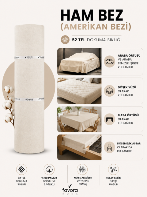 Favora Kalın Ham Bez Astarlık Kumaşı 5 Metre - Döşek Yüzü ve Döşemelik İçin