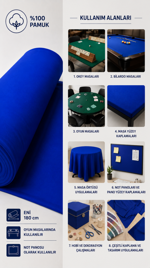 Favora Saks Mavisi Kadife Dokulu Çuha Kumaşı 2 Metre - Okey, Bilardo ve Oyun Masaları İçin