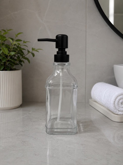 Favora Siyah Kapaklı Cam Kare Sıvı Sabunluk 500 Ml