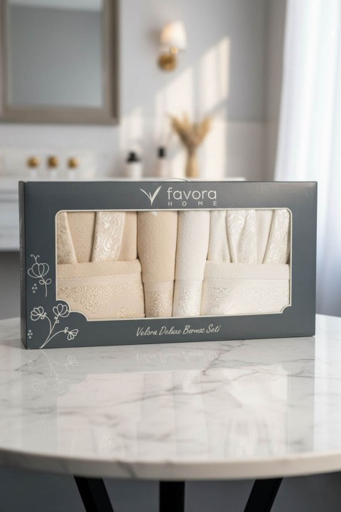 Favora Velora Deluxe %100 Pamuk Bornoz Seti - Bej - Krem