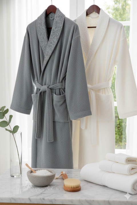 Favora Velora Deluxe %100 Pamuk Bornoz Seti - Krem - Gri