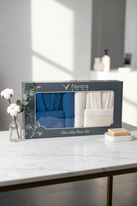 Favora Velora Deluxe %100 Pamuk Bornoz Seti - Krem - Lacivert