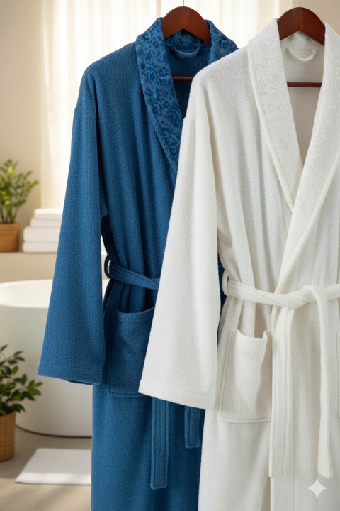 Favora Velora Deluxe %100 Pamuk Bornoz Seti - Krem - Lacivert