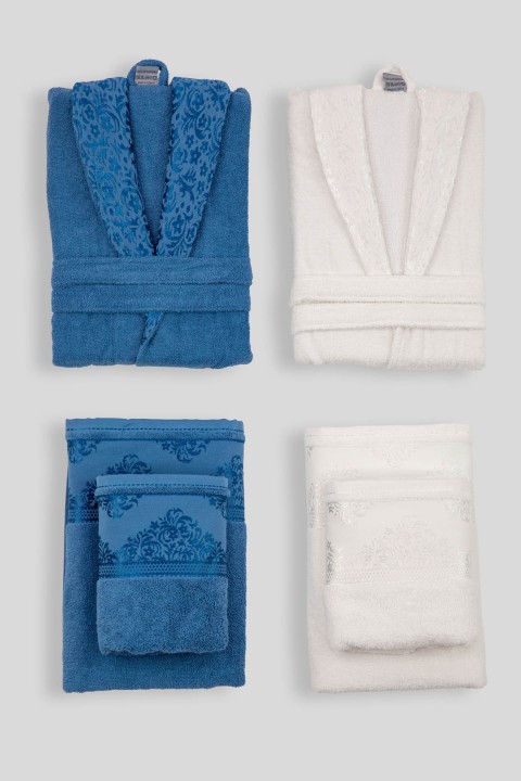 Favora Velora Deluxe %100 Pamuk Bornoz Seti - Krem - Lacivert