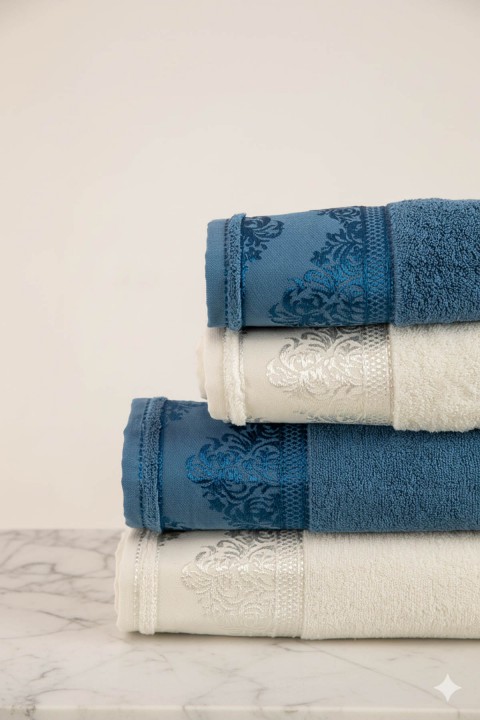 Favora Velora Deluxe %100 Pamuk Bornoz Seti - Krem - Lacivert