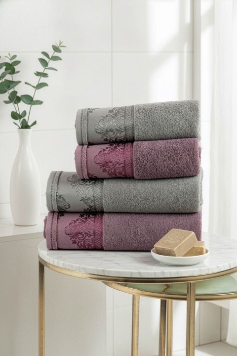 Favora Velora Deluxe %100 Pamuk Bornoz Seti - Mürdüm - Antrasit