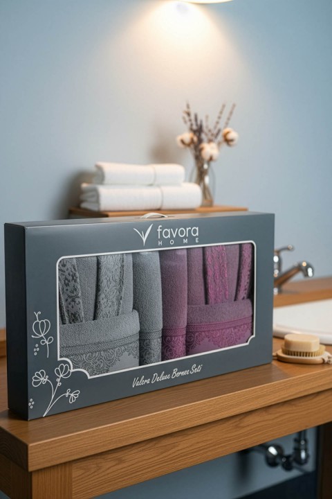 Favora Velora Deluxe %100 Pamuk Bornoz Seti - Mürdüm - Antrasit